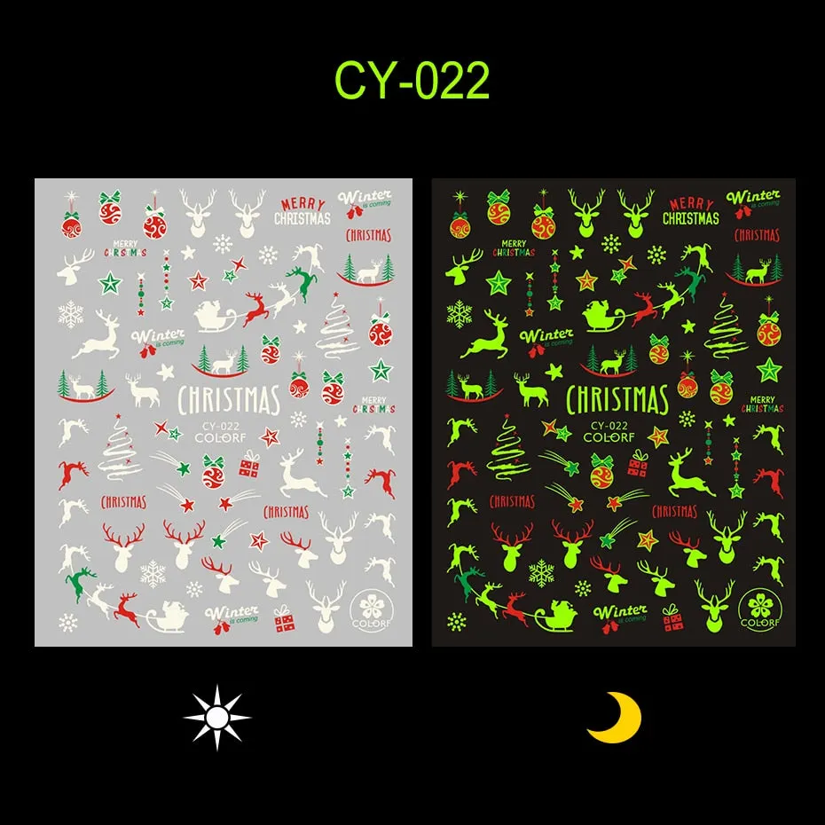 Merry Christmas Luminous SnowFlake Nail Stickers Fluorescent Xmas Winter Sliders for Nails Charms Glow in Dark Manicure Decals-Nail Inspo