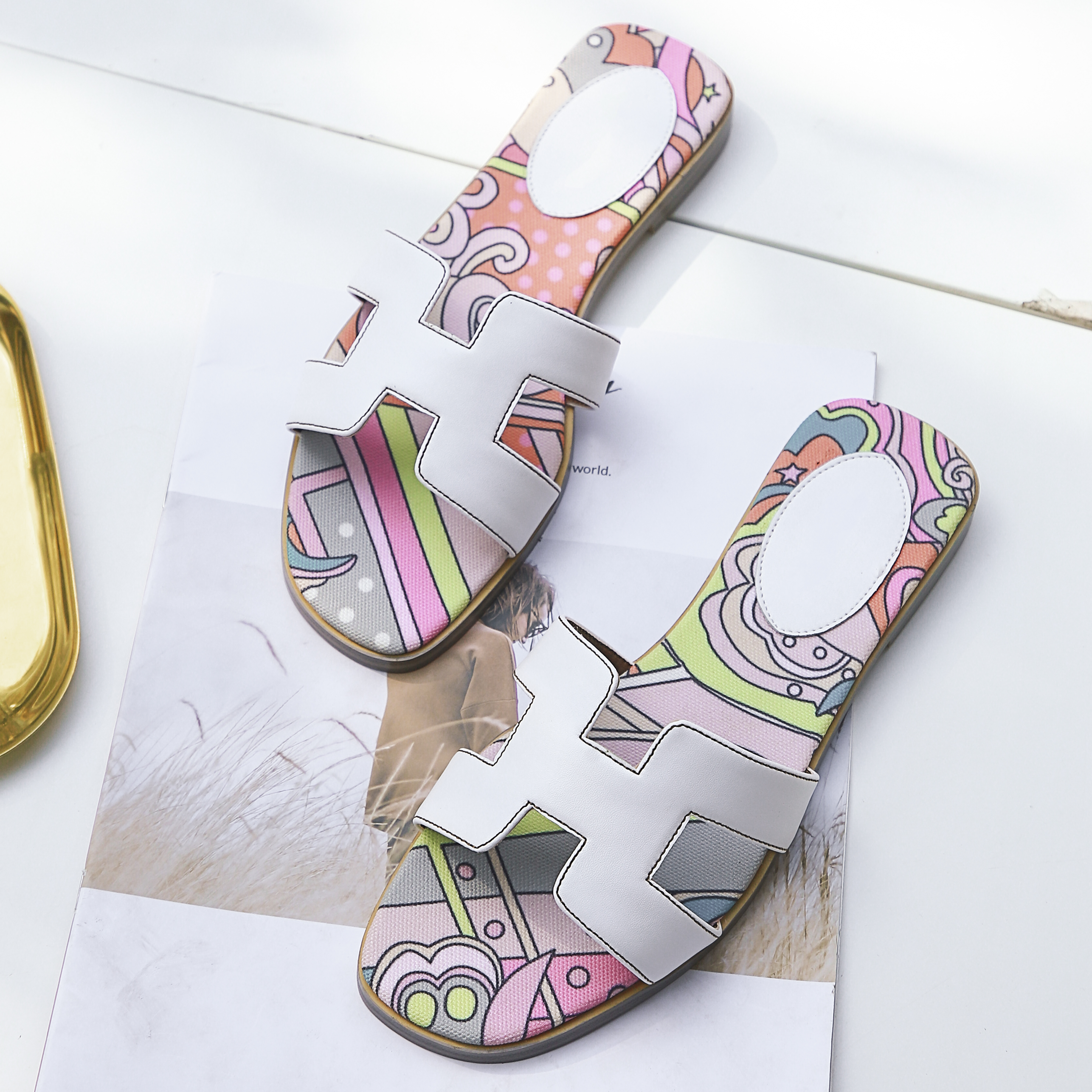 H-shape Leather Slipper White Painted Flats-vocosishoes