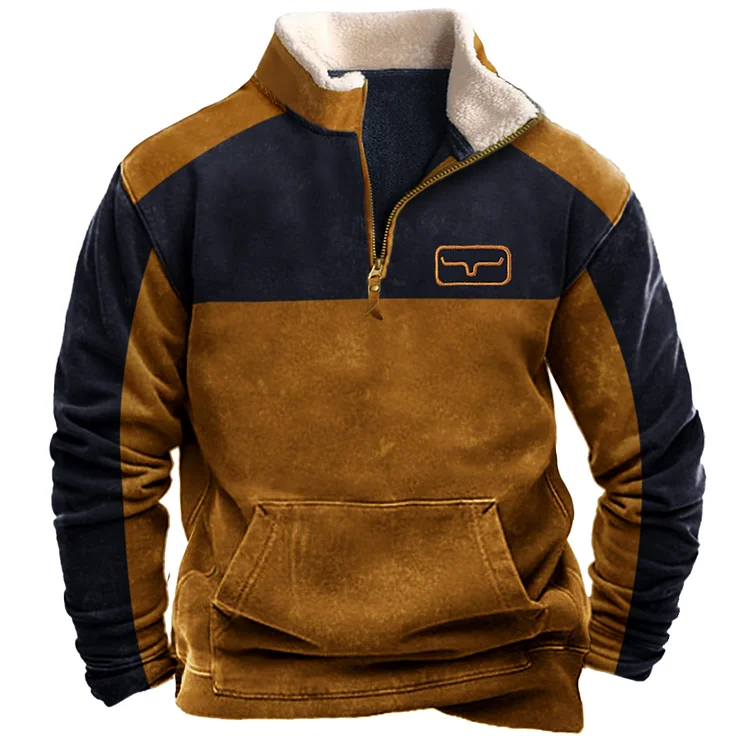 Men's Vintage Western Yellowstone Colorblock Zipper Stand Collar Sweatshirt