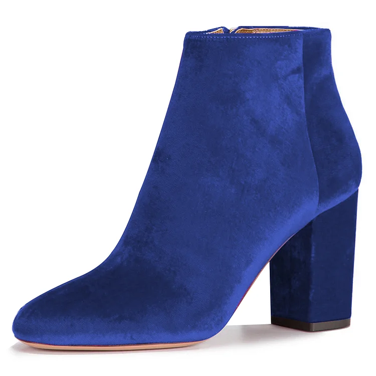 Royal Blue Chunky Heel Velvet Ankle Boots for Office Wear Vdcoo
