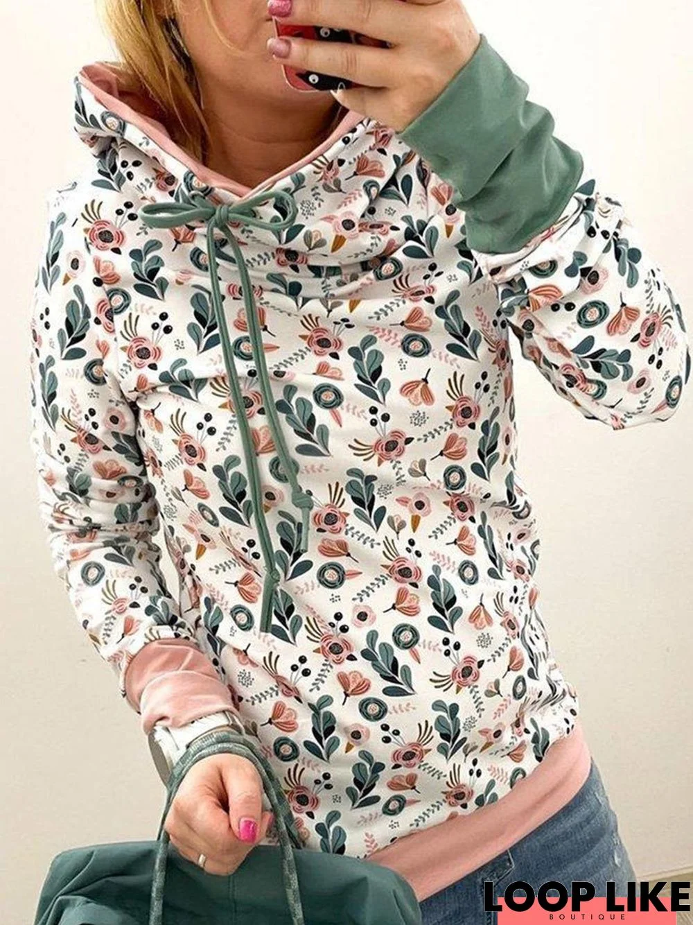 Vintage Floral Leaves Printed Paneled Hoodie Color-Block Long Sleeve Casual Sweatshirt