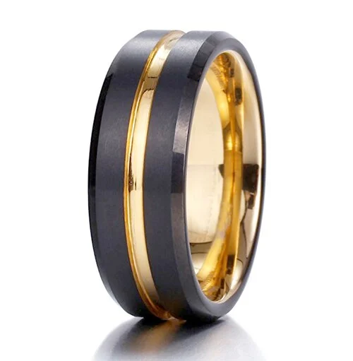 6MM 8MM Mens Women Wedding Fashion Black Tungsten Rings Gold Inside and Groove Flat Edge Comfort Fit