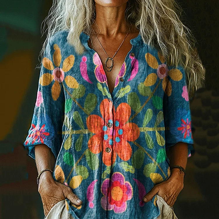 Vintage Floral Art Linen Button-down Shirt