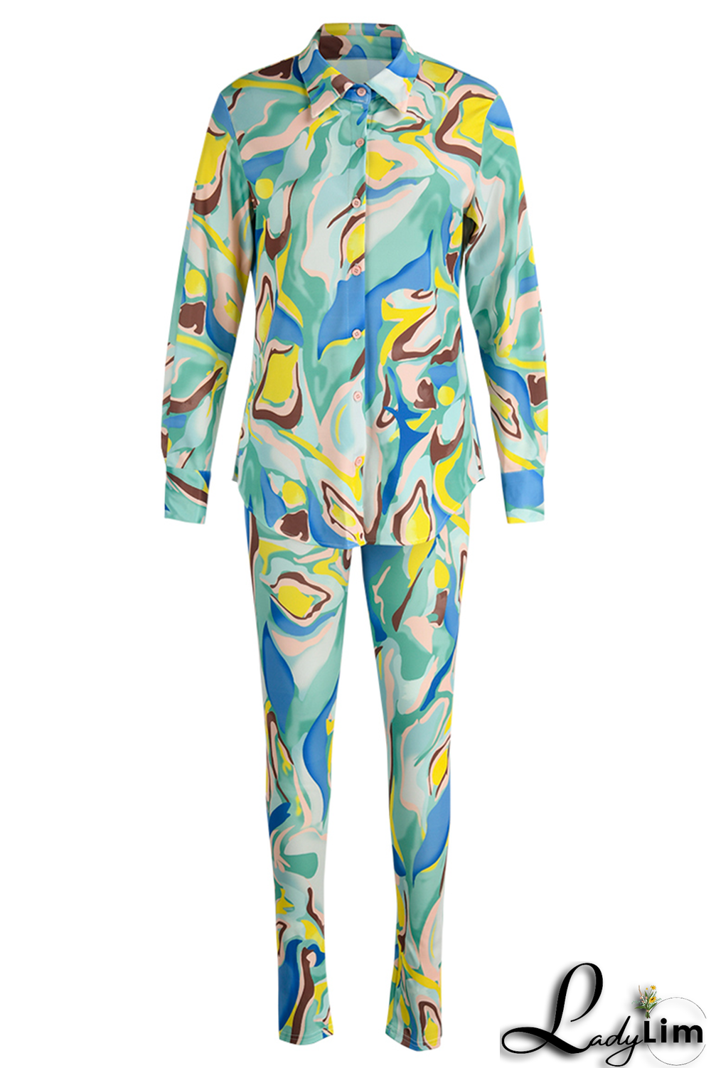 Yellow Casual Print Patchwork Turndown Collar Long Sleeve Two Pieces
