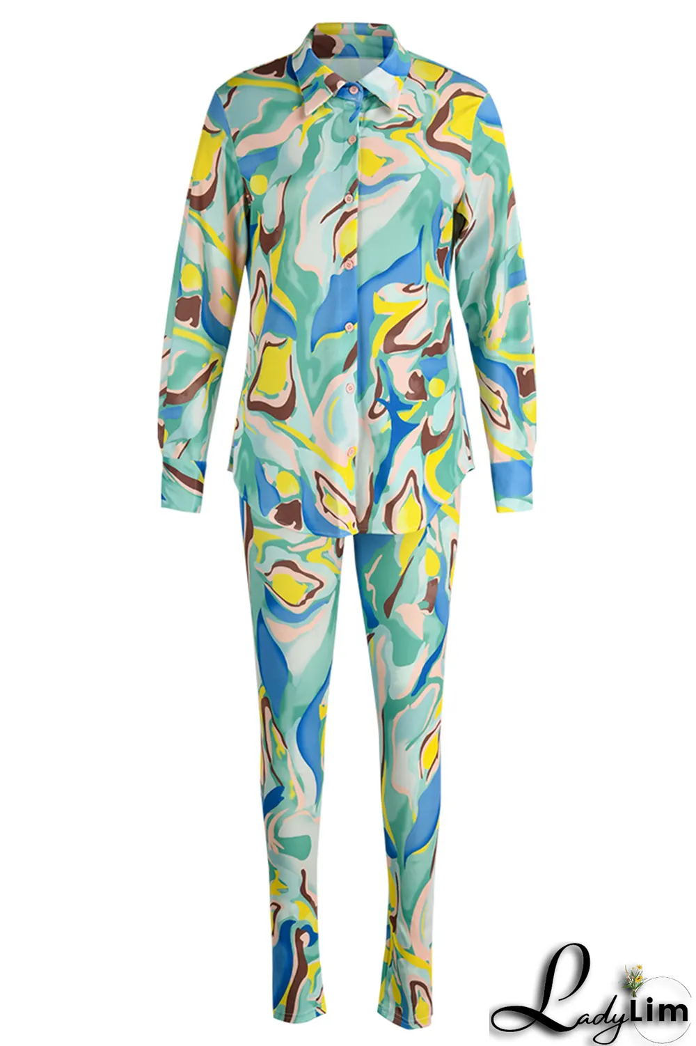 Yellow Casual Print Patchwork Turndown Collar Long Sleeve Two Pieces