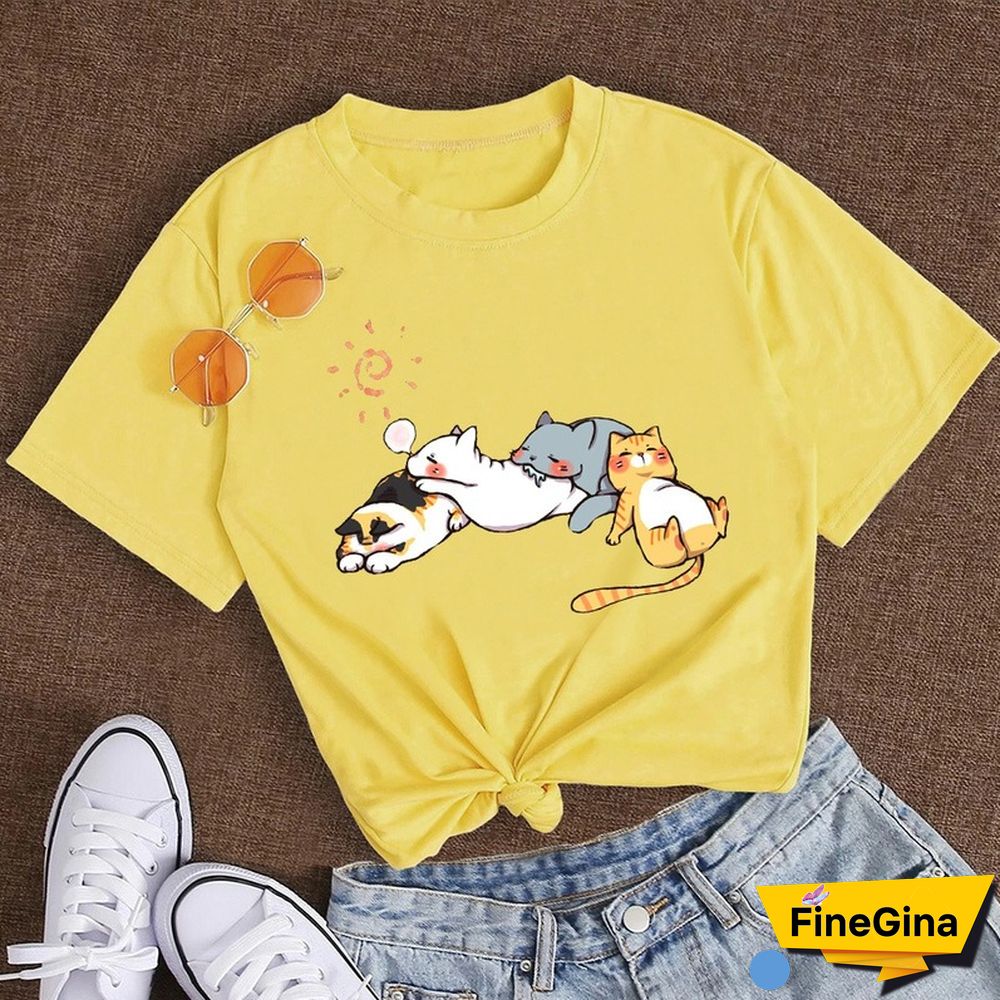 Cotton 100% Women's T Shirt Summer Short Sleeve Nap Cat Print Fashion Kawaii Female Clothes Casual O-Neck Tshirt Ladies Tee Tops