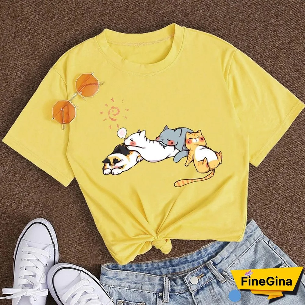 Cotton 100% Women's T Shirt Summer Short Sleeve Nap Cat Print Fashion Kawaii Female Clothes Casual O-Neck Tshirt Ladies Tee Tops