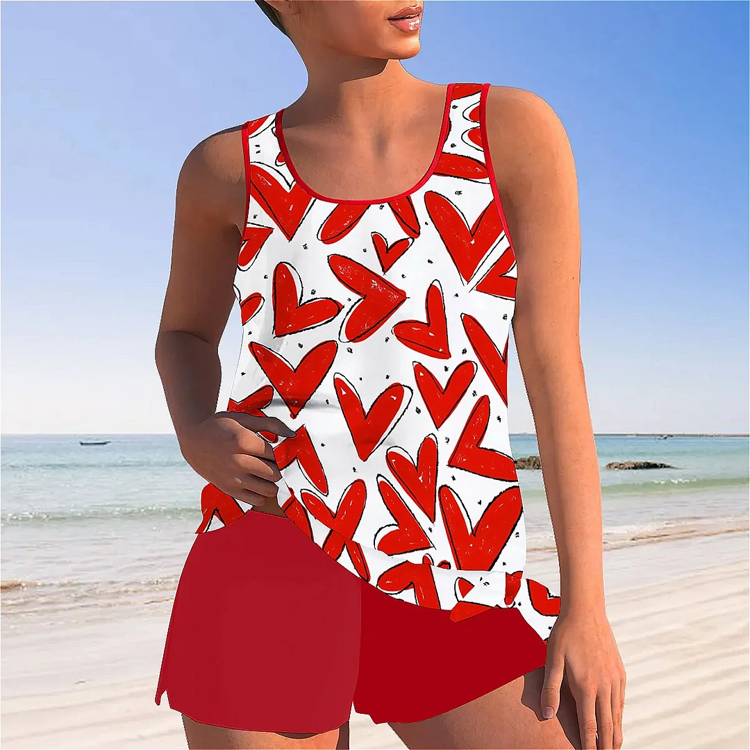 Bowknot Heart,Love,Valentine's Day Mid Waisted Tankini Set - Plus Size Available