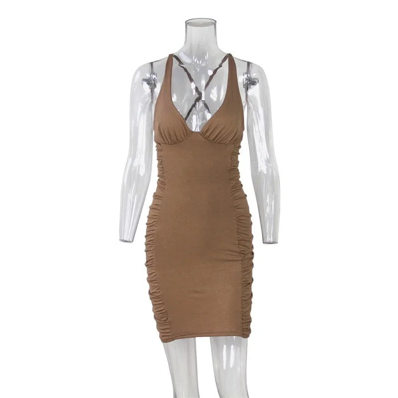 Articat Deep V-neck Ruched Mini Dress Women Brown Spaghetti Strap Clothing Women Spring Casual Partywear Slim Elegant Vestidos