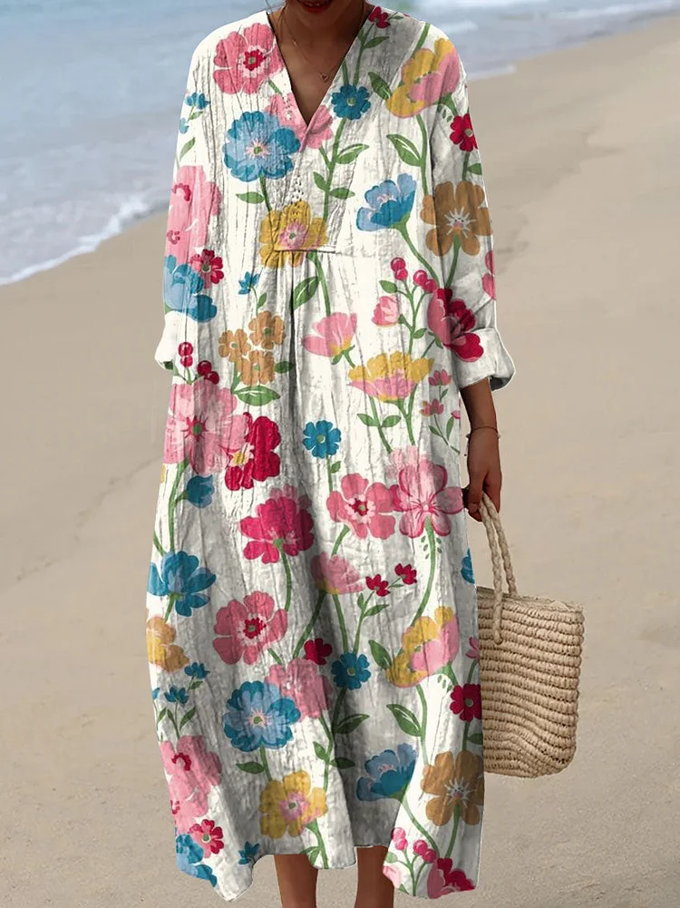 Women's Vintage Lovely Floral Art Print Cotton Dress