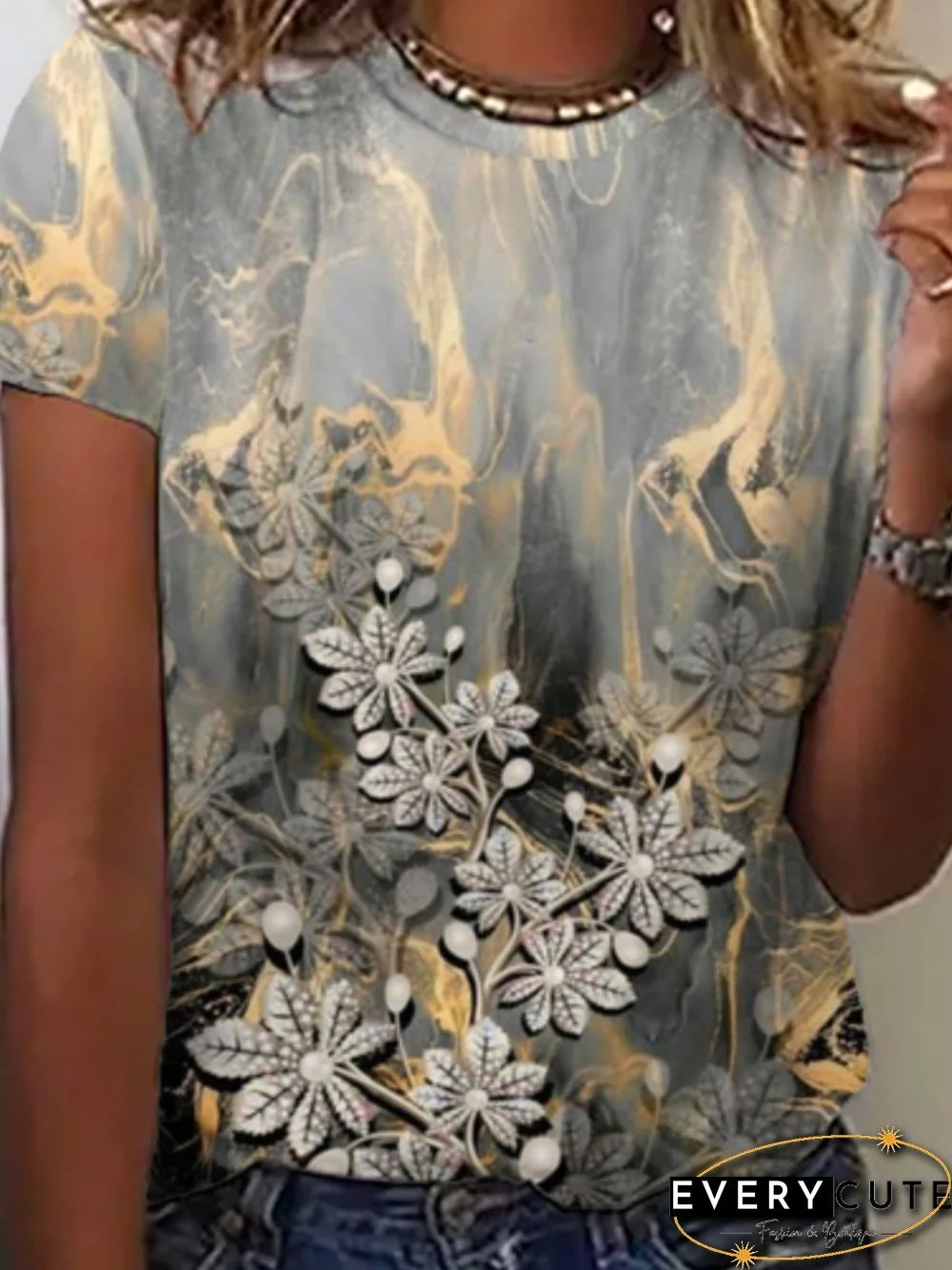 Casual Floral Short Sleeve Crew Neck Plus Size Printed Tops T-shirts