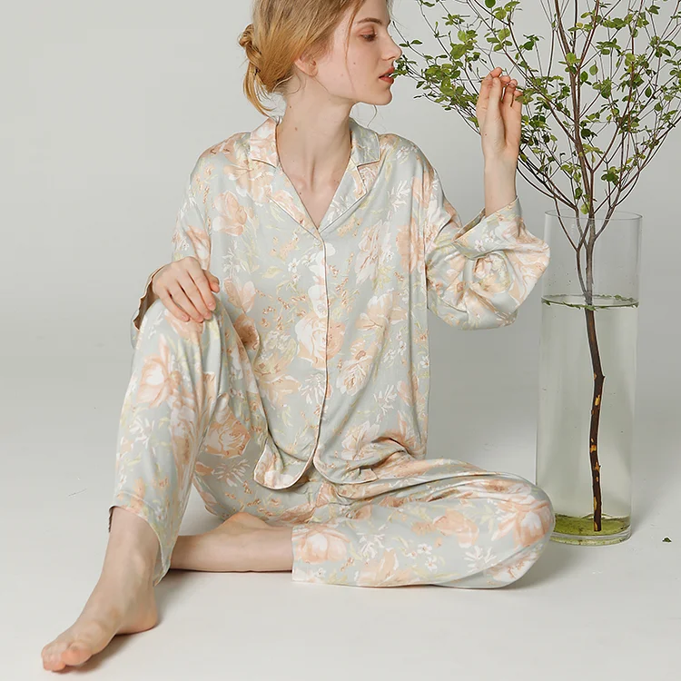 2 Piece Set Women's Pajamas Sleepwear Silk Satin Cardigan Long Sleeve Home Suit Fashion Family Nightwear Clothing Sets
