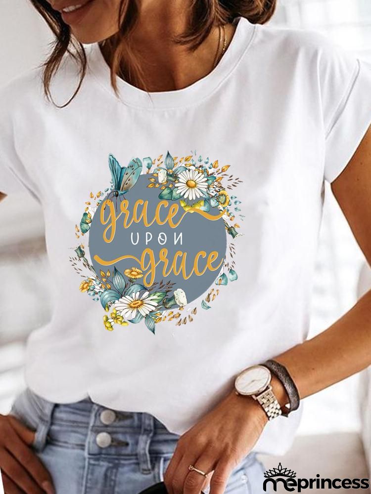 Women Fashion Base Letter Sunflower Cross Print Round Neck Short Sleeve T-Shirt