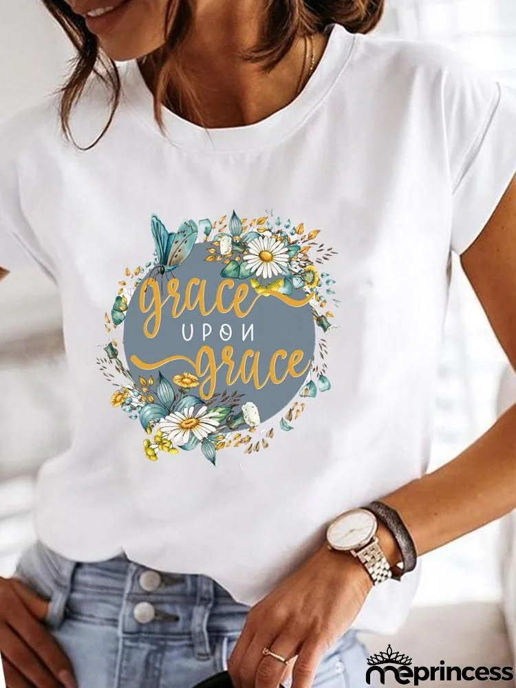 Women Fashion Base Letter Sunflower Cross Print Round Neck Short Sleeve T-Shirt