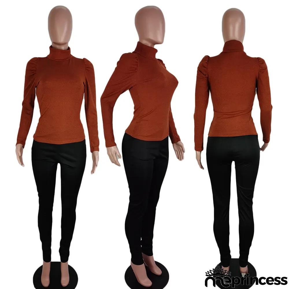 Solid Turtleneck Knitted Long Sleeve Slim Tops