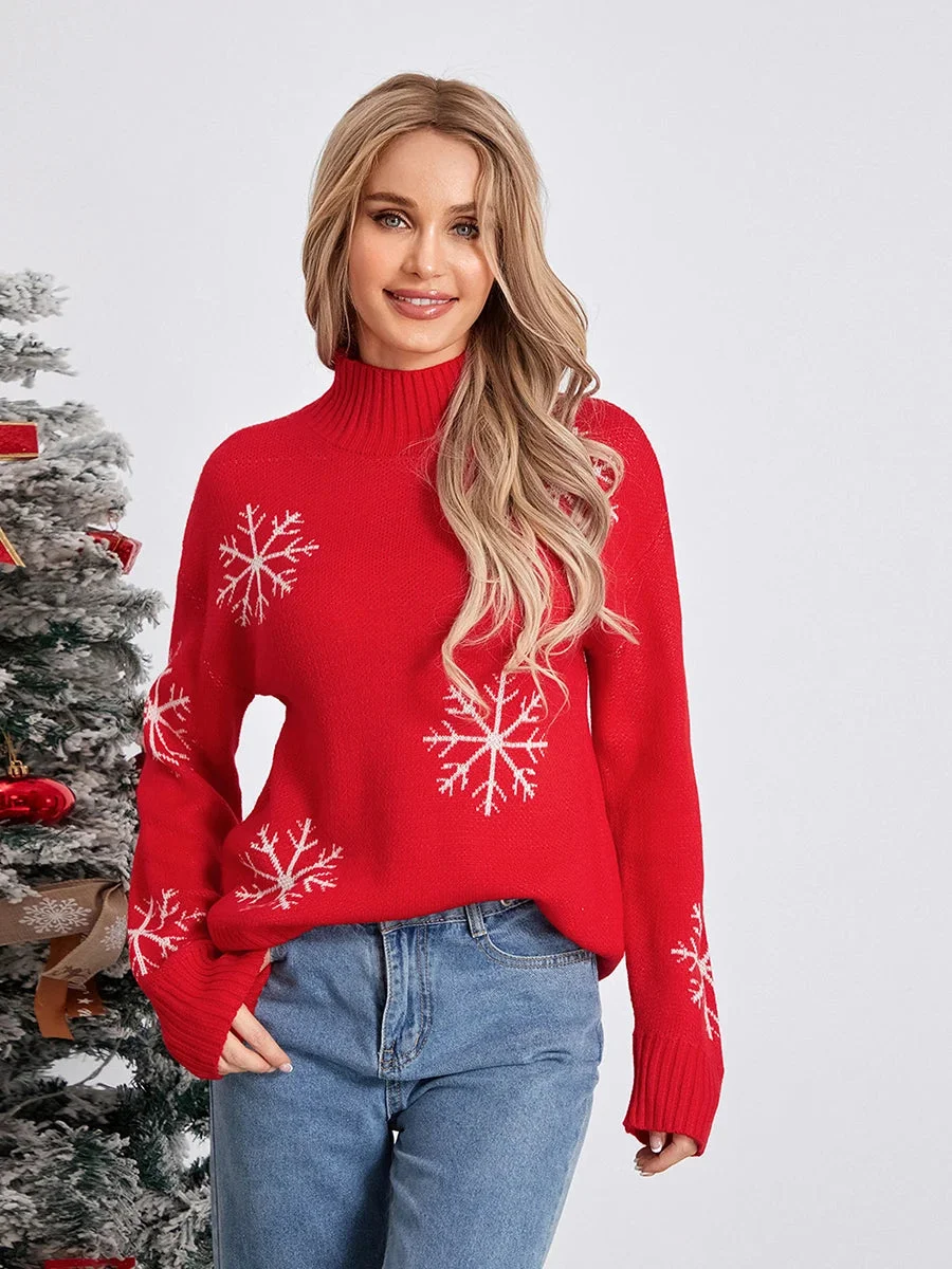 Oocharger Snowflake Jacquard Christmas Sweaters Women's Long Sleeve Turtleneck Knit Pullovers Fall Winter Loose Jumpers Tops