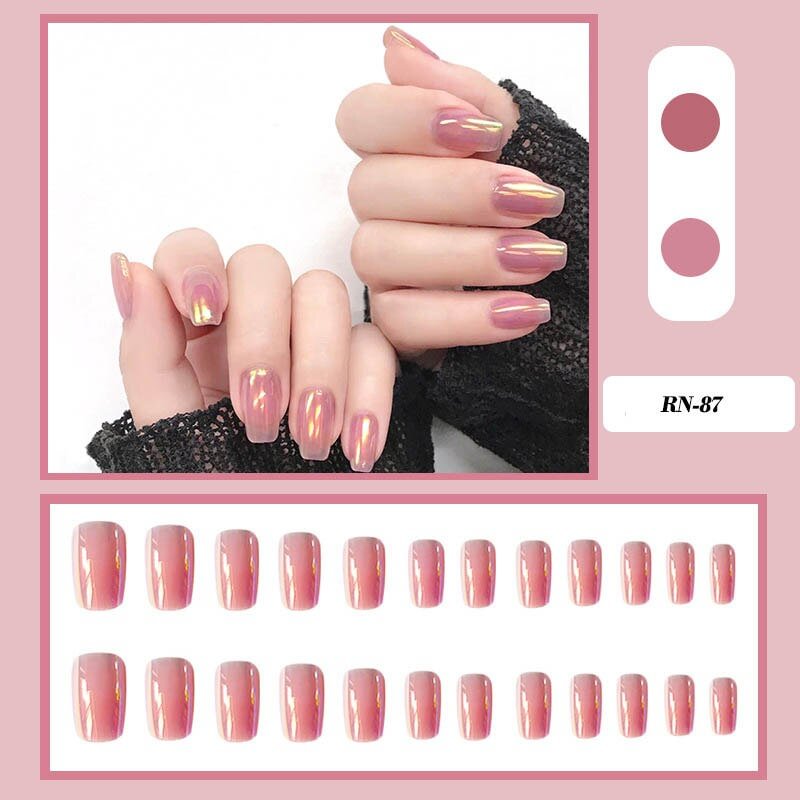 24pcs fake nails with glue sticker Mirror illusion False nails removable Manicure patch pre design acrylic nail tips