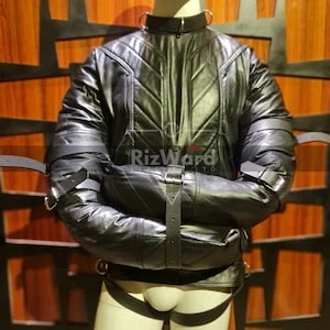 pornhint Pornhint Premium Leather BDSM Bondage Strait Jacket With Hood | Strait Jacket For Men Women | BDSM Chastity Jacket | Fetish Role play | Bondage Hood