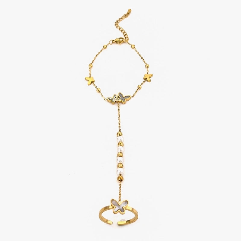 Sweet Minimalist Classic Style Butterfly 316L Stainless Steel  18K Gold Plated Imitation Pearl Rhinestones Shell Bracelets In Bulk