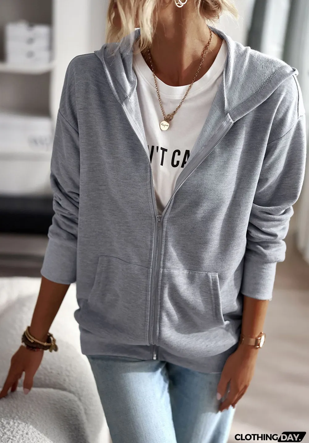 Fall Women Solid Color Zip Long Sleeve Casual Hoodies Coat
