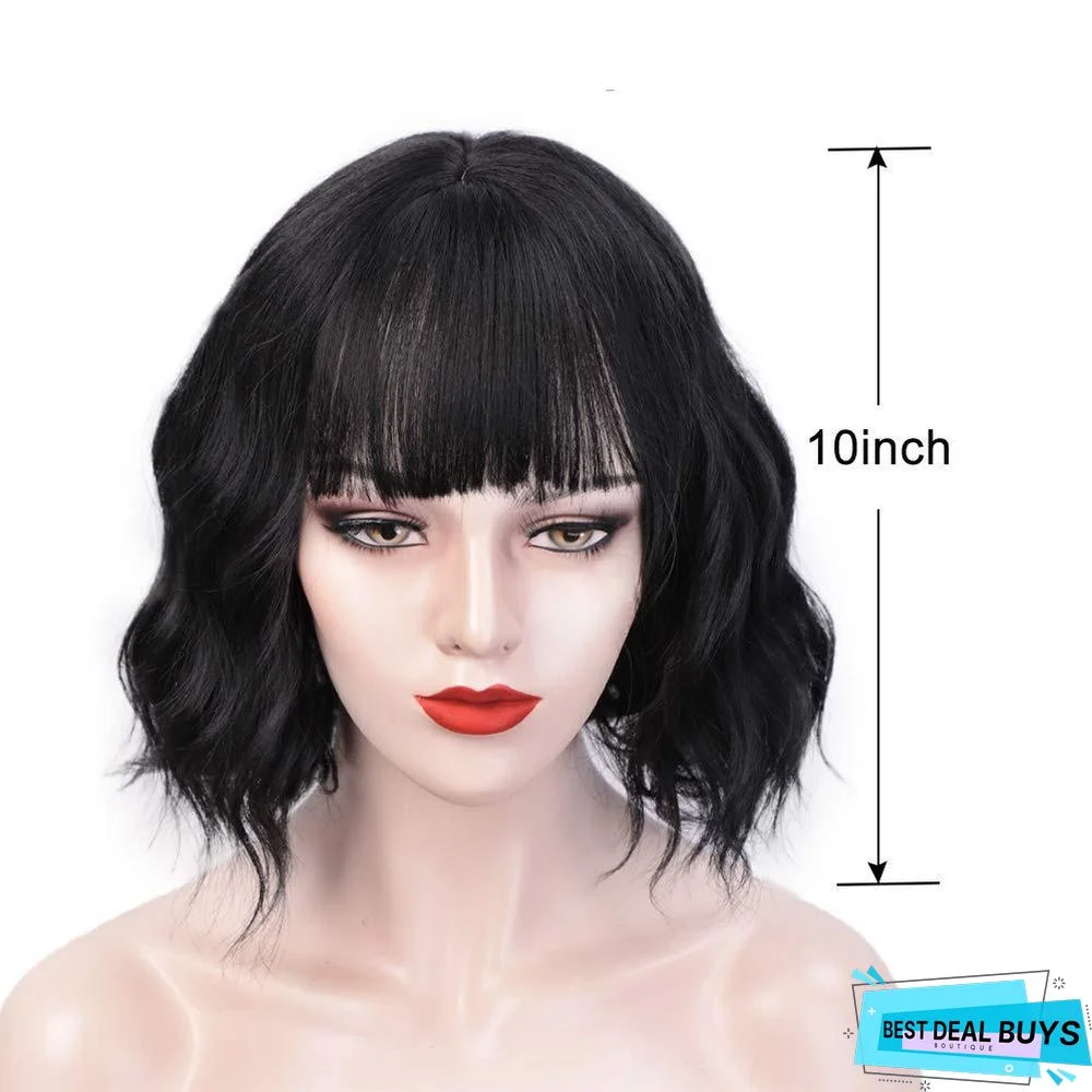 Women's Short Curly Hair Wig Headgear with Bangs Wigs Chemical Fiber Wig Headgear