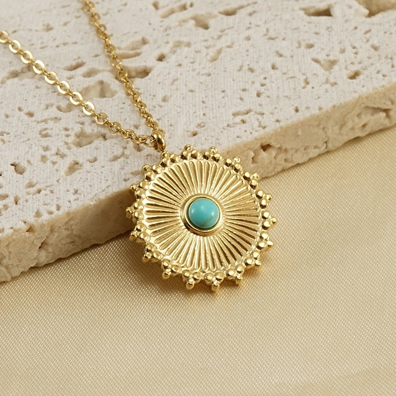 Retro Round 304 Stainless Steel Turquoise 18K Gold Plated Inlay Stainless Steel Necklaces