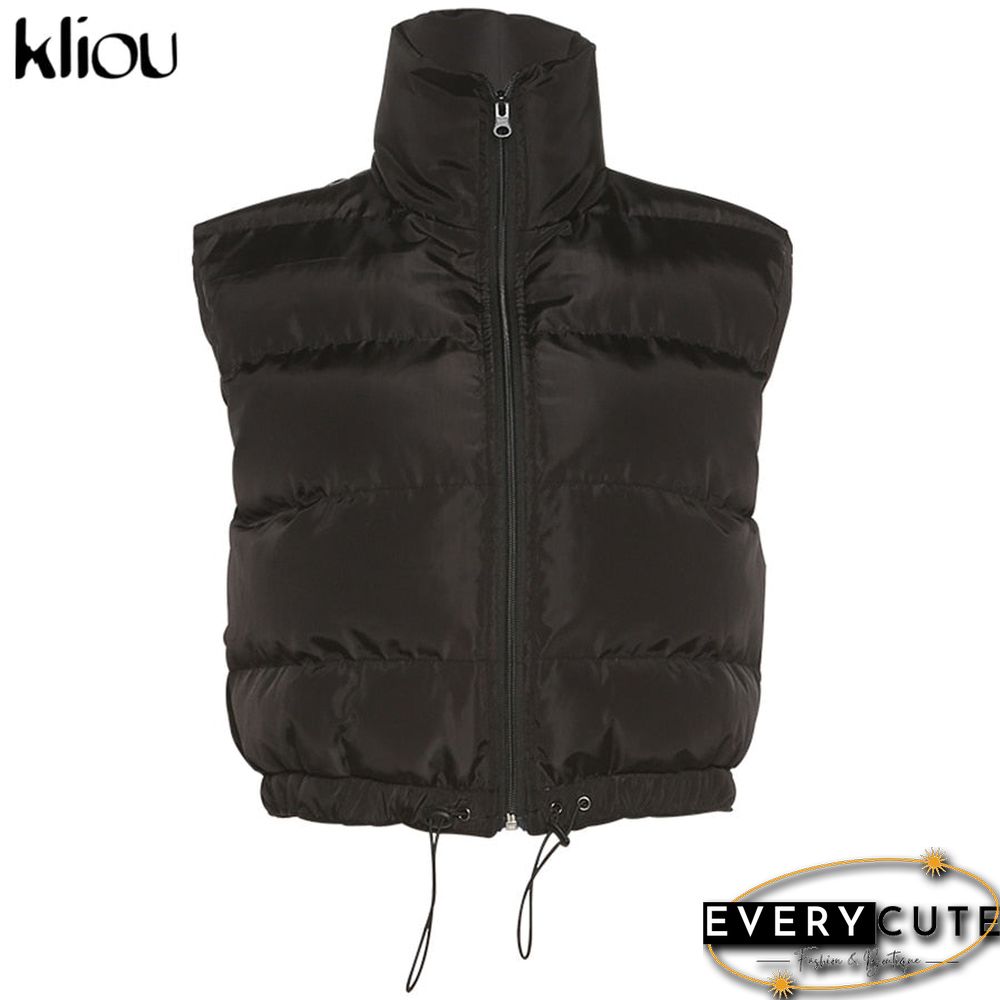 Kliou Solid Mercerized Cotton Tank Tops For Women Hipster Zipper Drawstring Sleeveless Vest Casual Streetwear Female Clothing