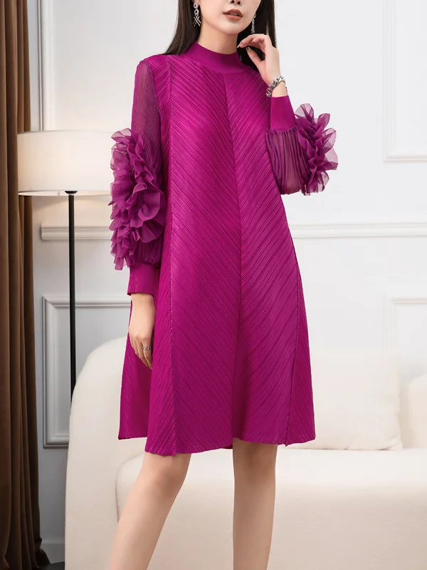 Long Sleeves Loose Embroidered Pleated Solid Color Round-Neck Midi Dresses