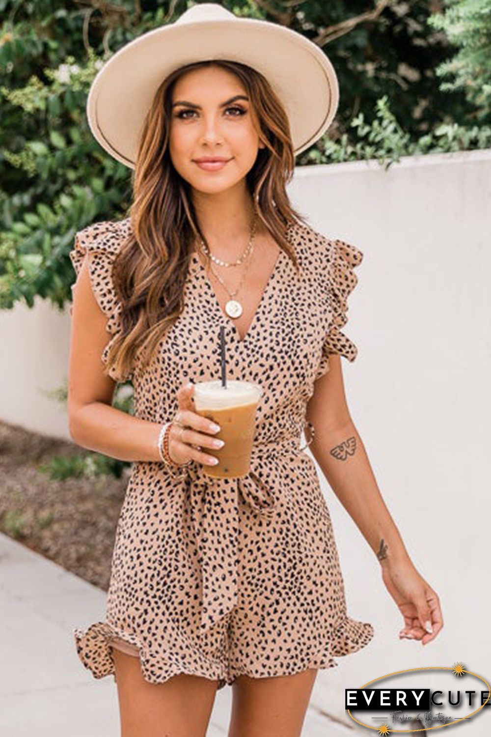 Ruffled V Neck Leopard Romper with Belt