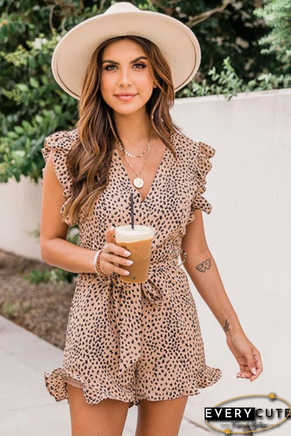 Ruffled V Neck Leopard Romper with Belt