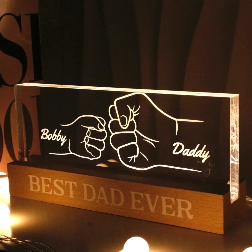 Best Dad Ever Fist Bump Outline Personalized Acrylic Block LED Night Light