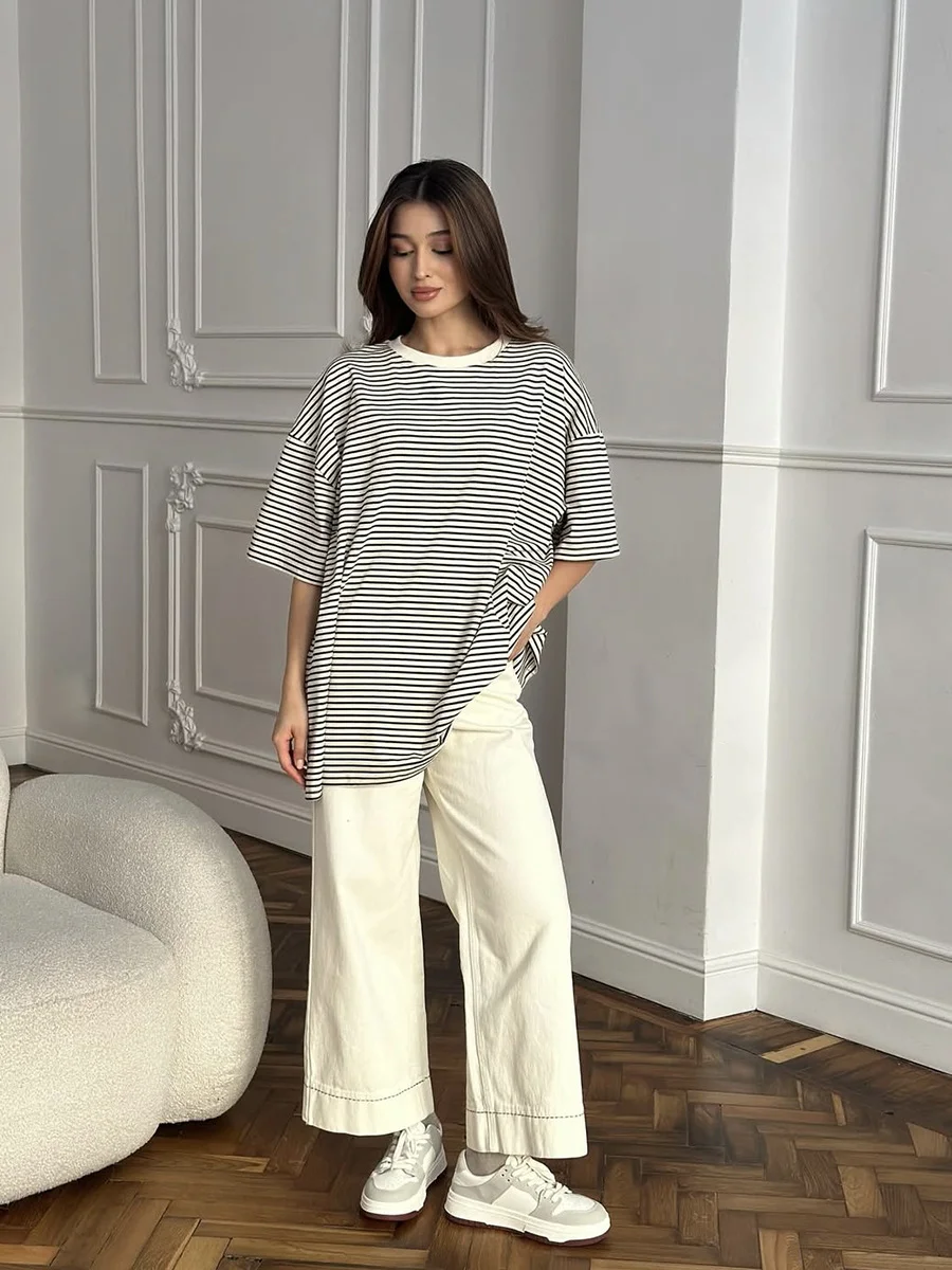 Athvotar Athvotar And White Striped Short-Sleeved T-Shirt Women 2025 Spring And Summer New Crash-Colored Loose Collar Casual Shirt