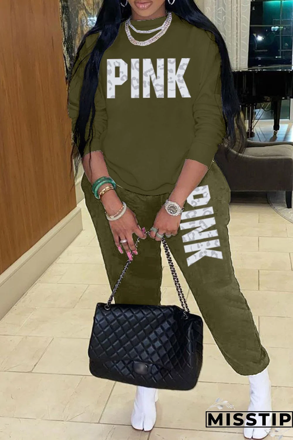 Blue Casual Letter Print Patchwork O Neck Long Sleeve Two Pieces