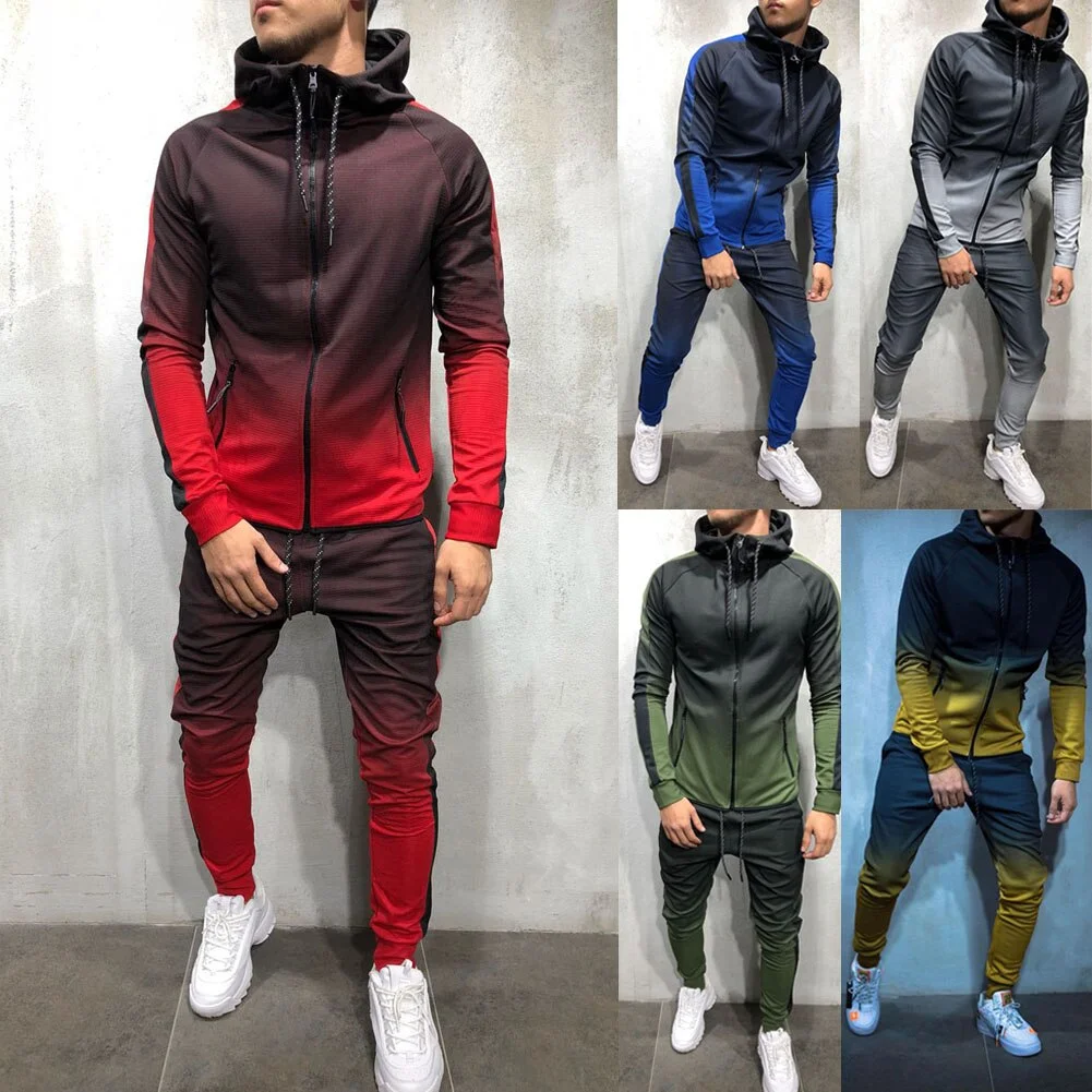 Wongn Men Fall 2pcs Turtleneck Gradual Change Color Tracksuit Set Hoodie Top High Waist Bottoms Joggers Gym Plain Zip Pockets Slim Fit