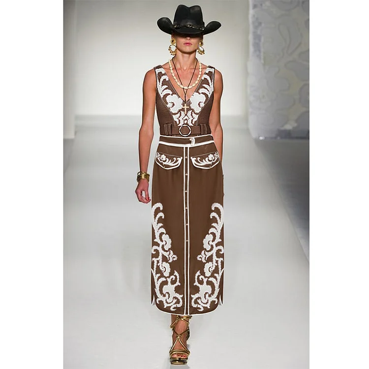V Neck Belted Ethnic Print One Piece Swimsuit and Skirt Flaxmaker