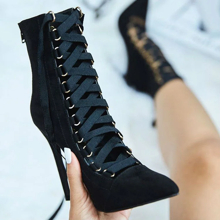 Fashion Black Suede Lace Up Boots Stiletto Heel Pointy Toe Ankle Boots |FSJ Shoes