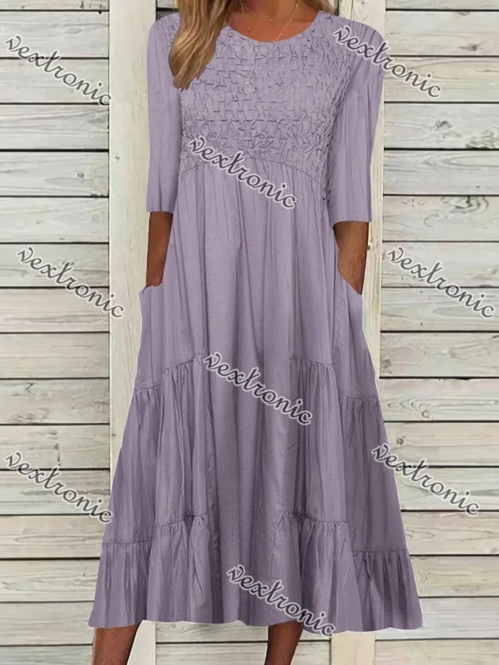 Women's Short Sleeve Scoop Neck Purple Printed Pockets Midi Dress