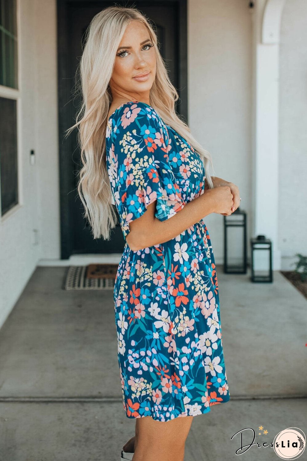 Blue Floral Ruffle Mini Dress with Square Neck