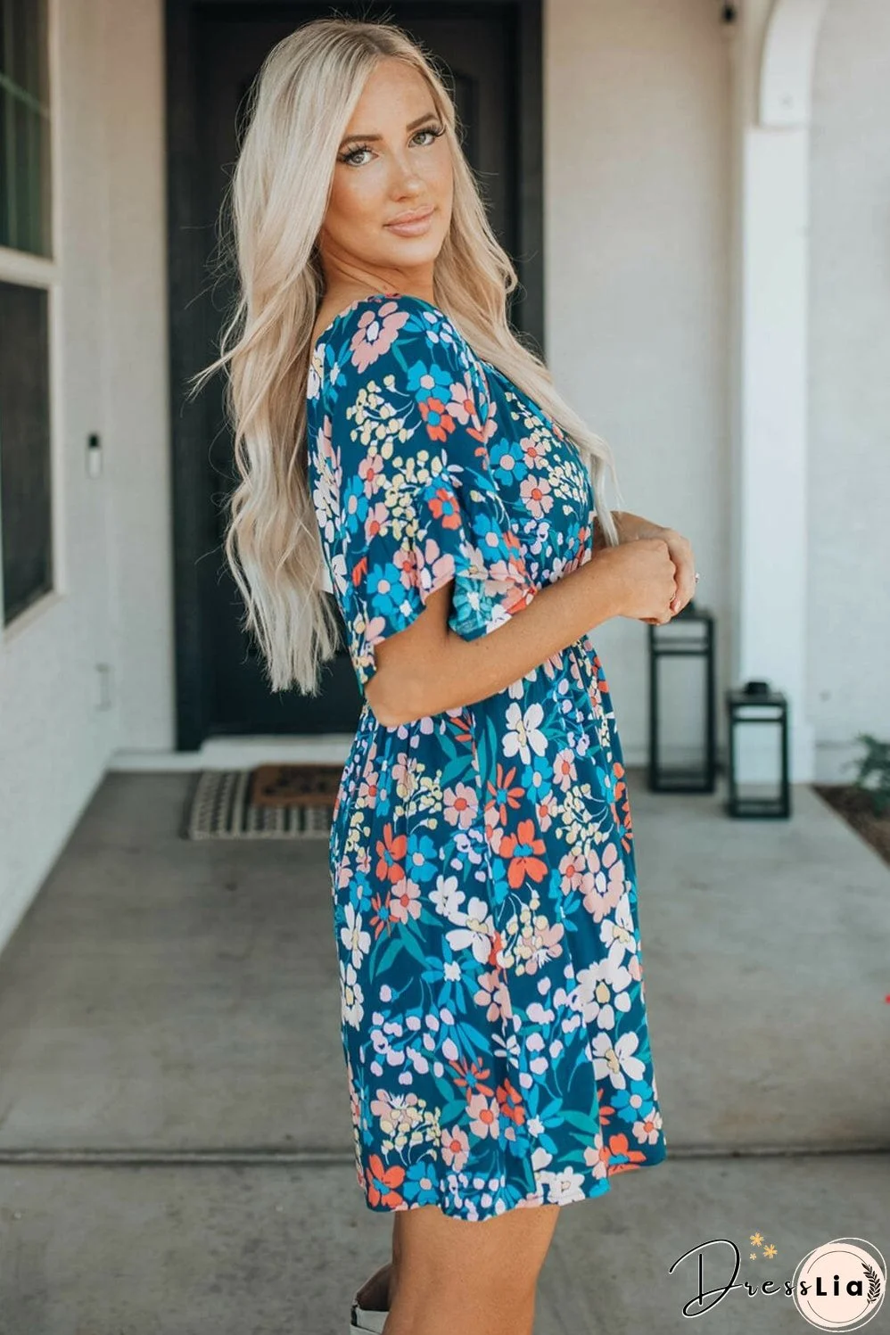 Blue Floral Ruffle Mini Dress with Square Neck