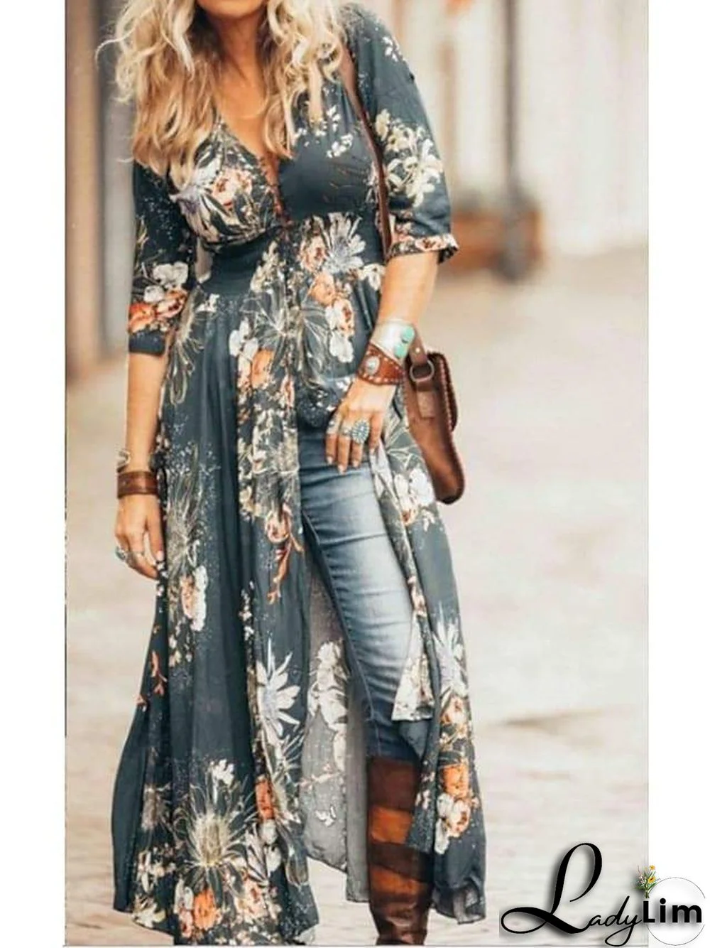 Women's Swing Dress Maxi Long Dress Blue Green Half Sleeve Floral Ruffle Print Summer V Neck Casual Boho Dress