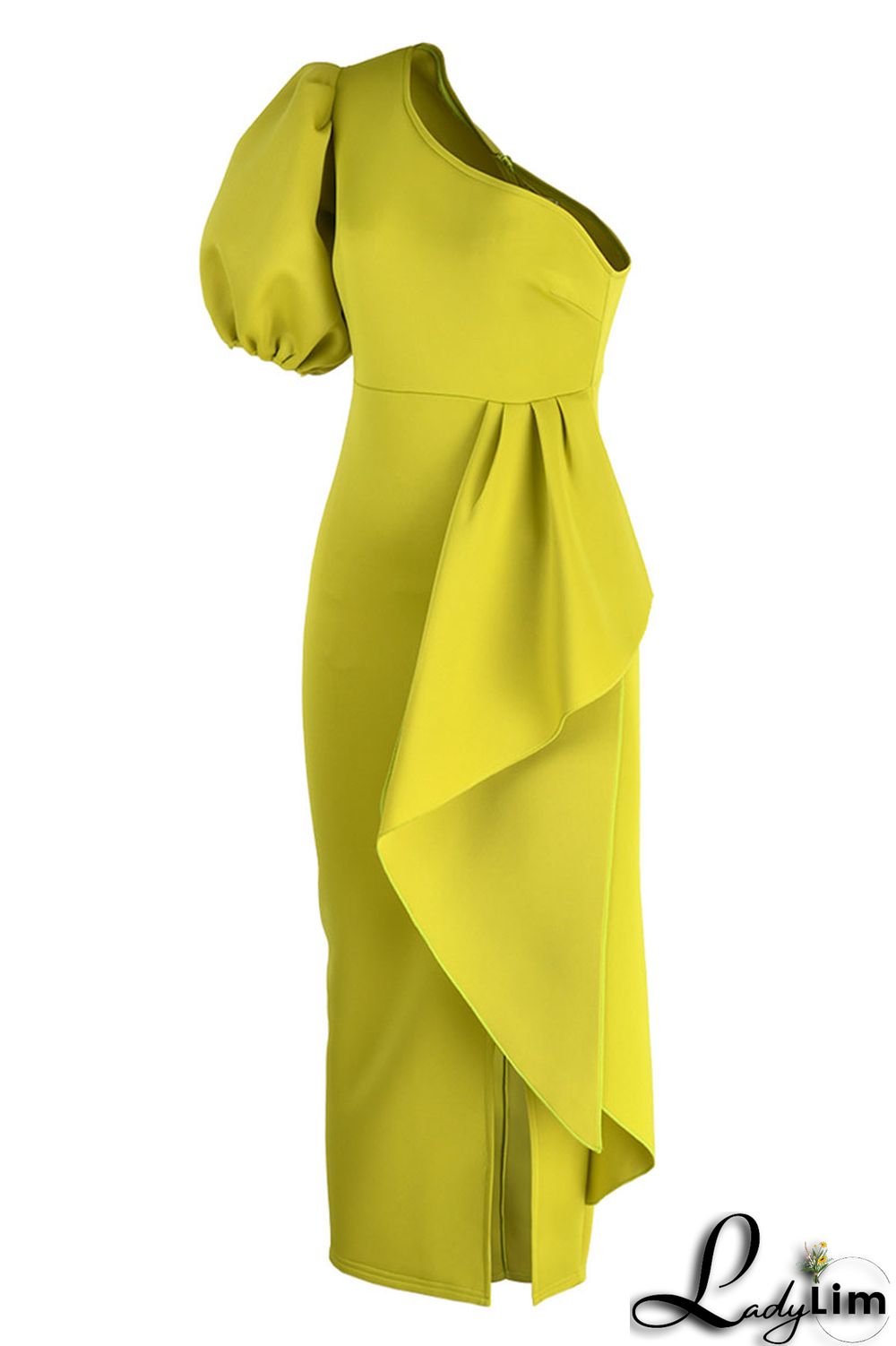 Yellow Celebrities Elegant Solid Patchwork Flounce Asymmetrical Oblique Collar Evening Dress Dresses