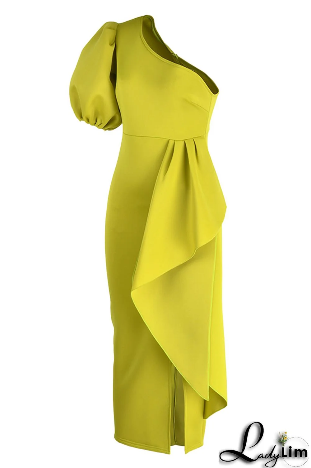 Yellow Celebrities Elegant Solid Patchwork Flounce Asymmetrical Oblique Collar Evening Dress Dresses