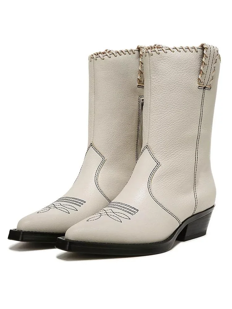 Stitch Zip Pointy Low Heel Western Cowgirl Mid Calf Boots