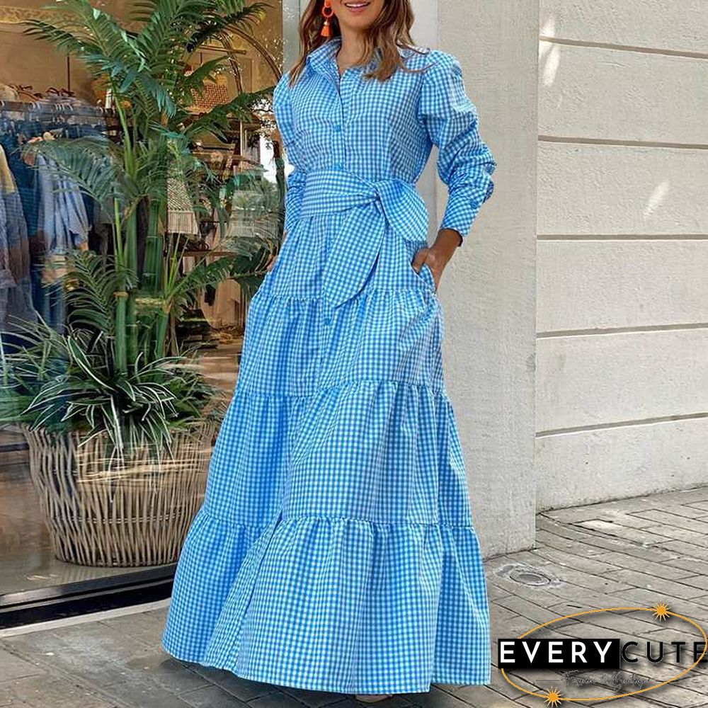 Shirt Dress Women Long Sleeve Party Dresses Casual Lapel Button Vintage Belted Pockets Sundress Plaid Printed Robes