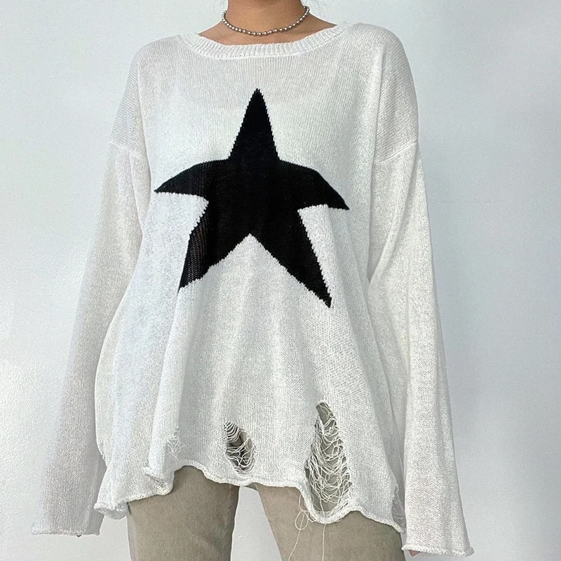 Uveng 2022 Summer Autumn Star Kintted Smock Tops Women Y2K Long Sleeve See Through Loose Pullovers T Shirts Vintage Streetwear