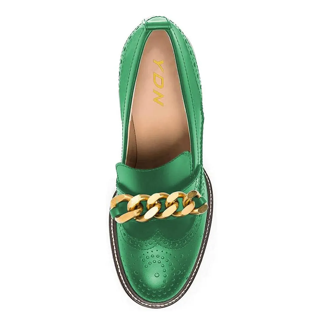 Green Vegan Leather Perforated Chain Chunky Heeled Loafers Women