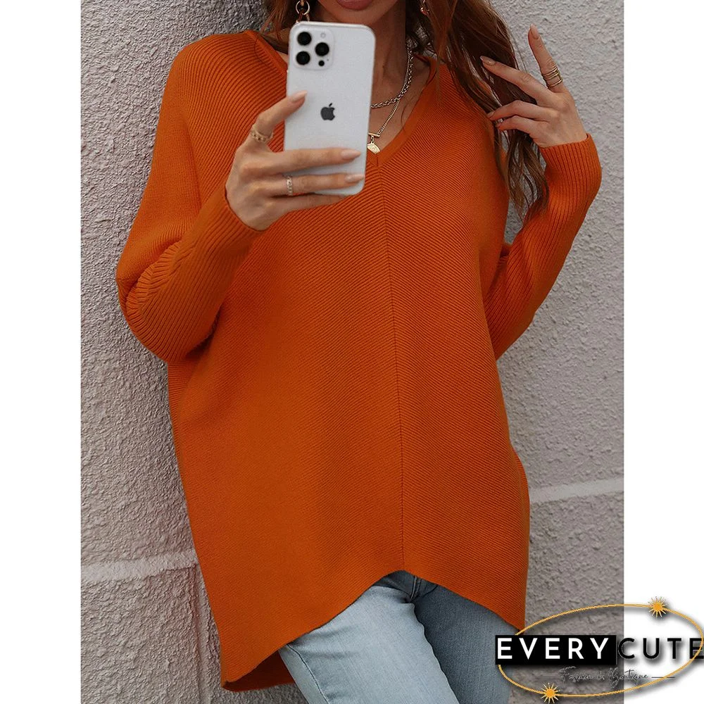 Orange V-neckline High Low Knit Sweater