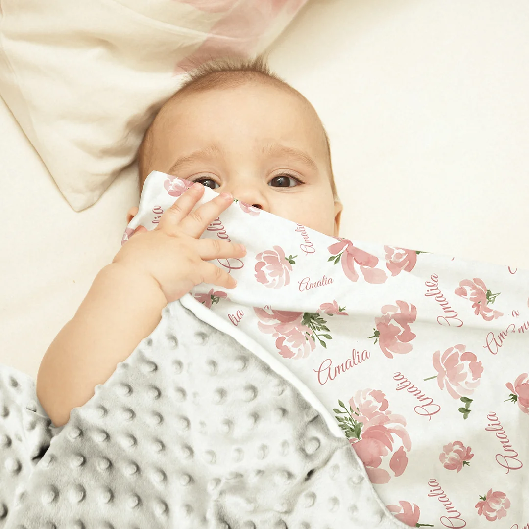 Amalia's Floral Print Pink Personalized Baby Girl Name Blanket