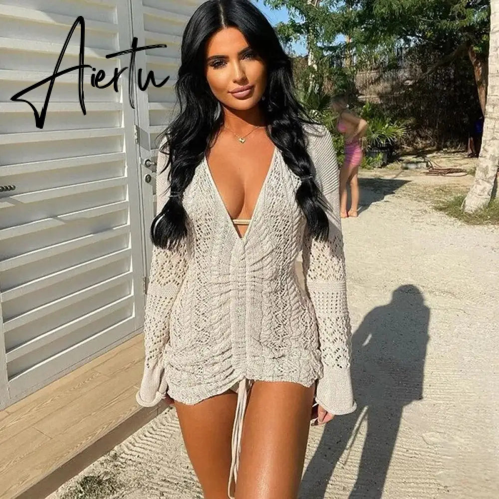 Women Deep V-neck Hollow Out Sexy Knitted Dresses Solid Long Sleeve Drawstring Mini dress Fashion Casual Spring Streetwear Aiertu