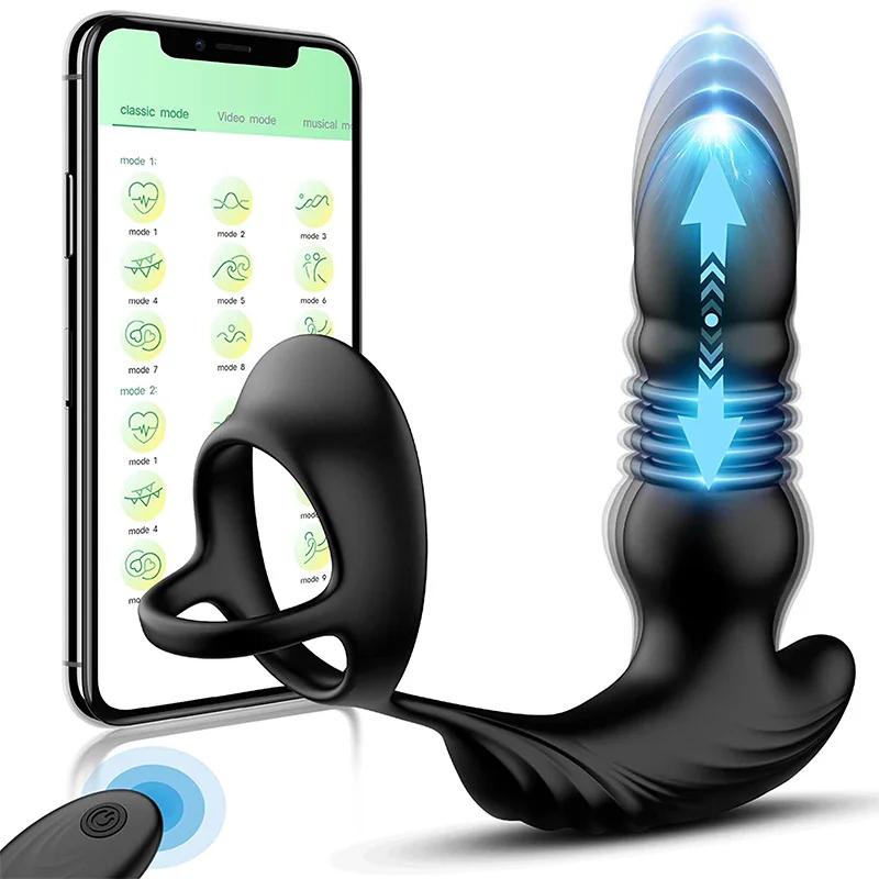 Telescopic Anal Vibrator Prostate Massage Vibrator Buttplug Stimulator Delay Ejaculation Cock Ring Dildos - Rose Toy